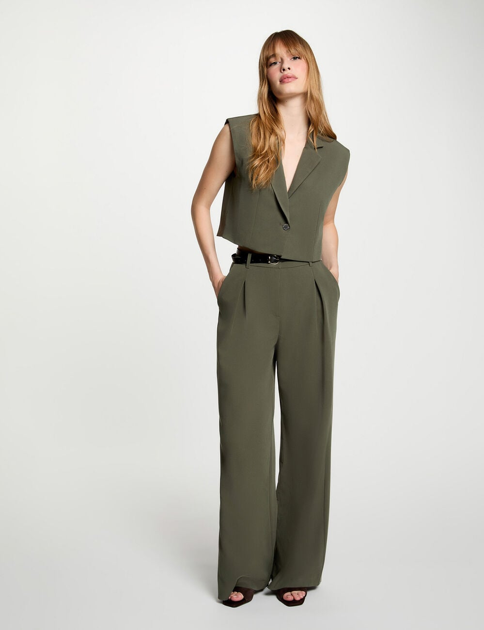 Pantalon large taille haute vert kaki femme