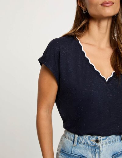 T-shirt col v manches courtes bleu marine femme