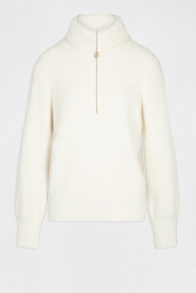 Pull manches longues à col zippé ivoire femme