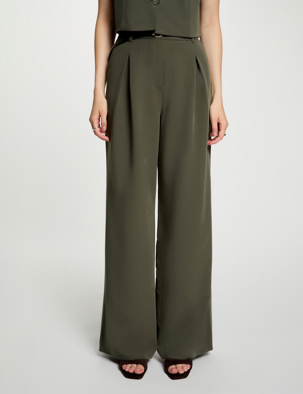 Pantalon large taille haute vert kaki femme