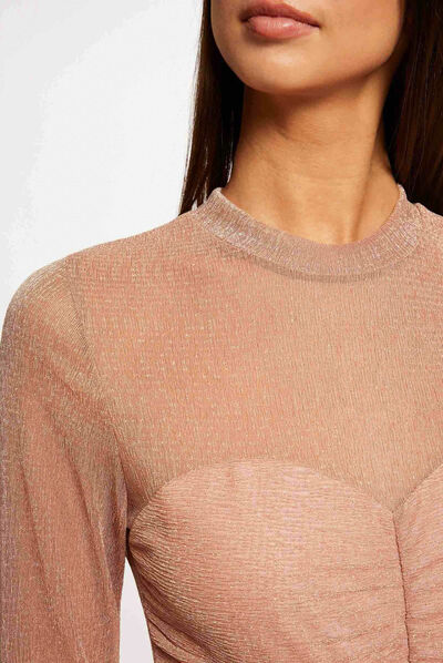 T-shirt manches longues à fronces vieux rose femme