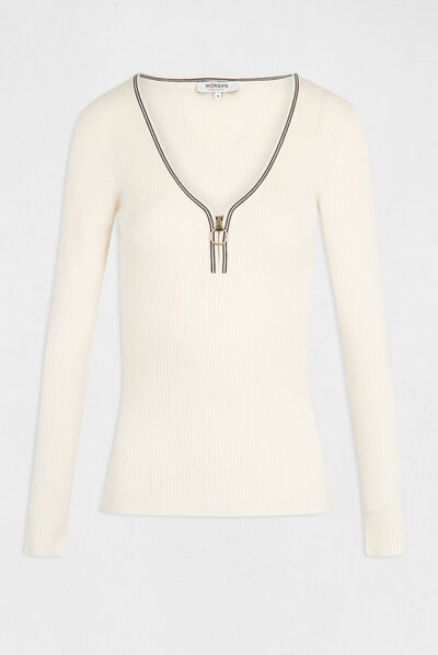 Pull manches longues à col en V ivoire femme