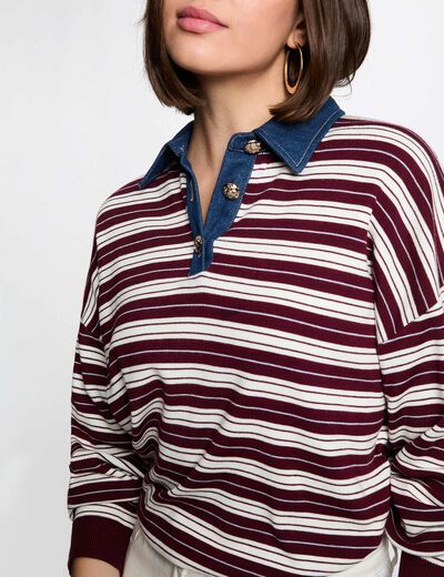 Pull ray&eacute; col &agrave; revers bordeaux femme