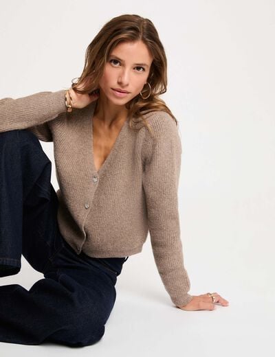Gilet col en V beige moyen femme