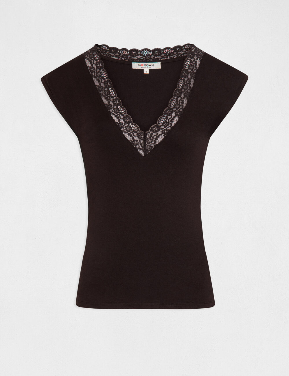 T-shirt manches courtes &agrave; dentelle noir femme