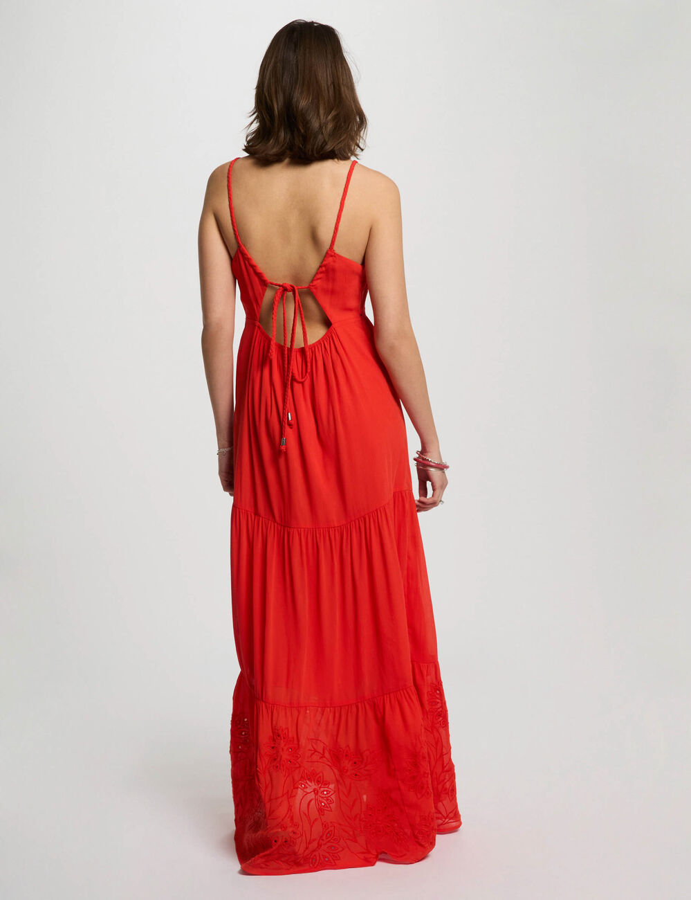 Robe longue fluide broderie orange femme