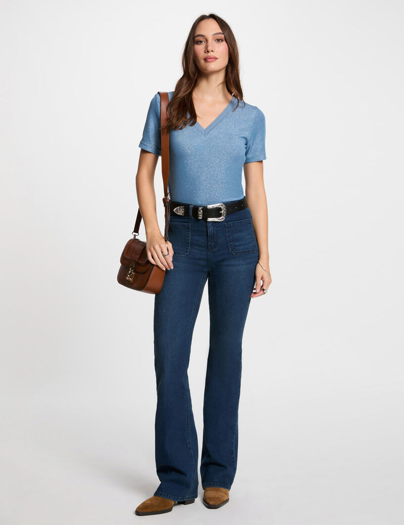 t shirt manches courtes avec col en v bleu gris femme T-shirt manches courtes avec col en V bleu gris femme
