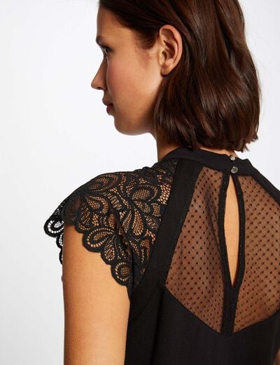 T-shirt dentelle col montant noir femme