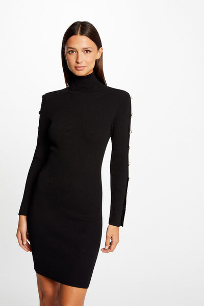 Robe pull ajustée col roulé et boutons noir femme