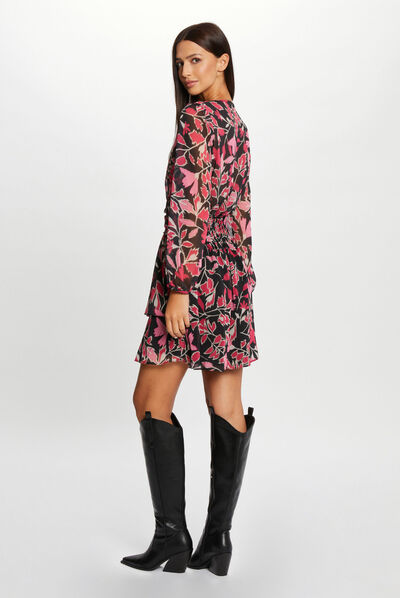 Robe droite drapée imprimé végétal multico femme