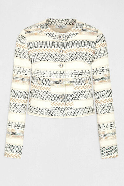 Veste droite boutonnée imprimé abstrait ivoire femme