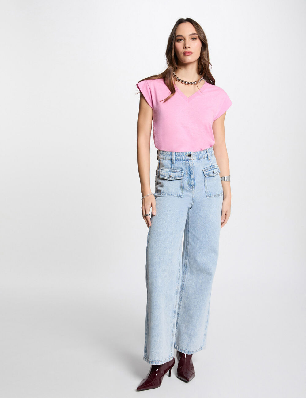 T-shirt manches courtes à col en V rose femme