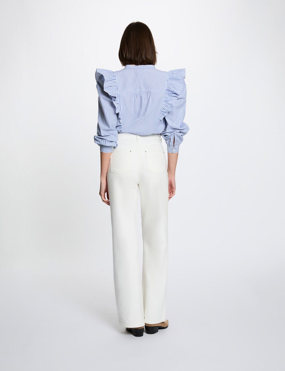 Chemise ray&eacute;e col mao bleu ciel femme