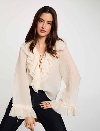 Chemise col v pliss&eacute;e ivoire femme