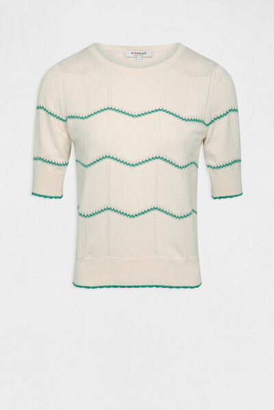 Pull manches courtes à rayures vert moyen femme