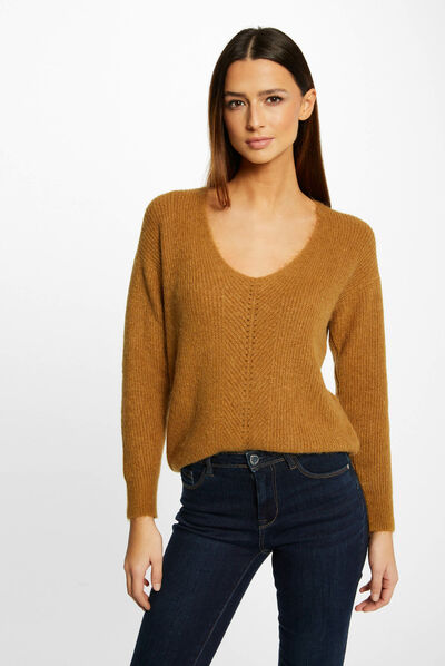 Pull manches longues avec col en V caramel femme