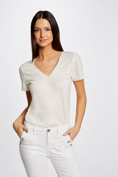 T-shirt manches courtes col en V ecru femme
