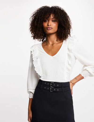 T-shirt brod&eacute; col v blanc femme
