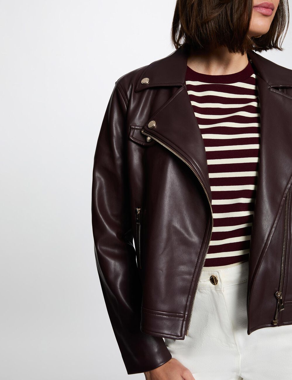 Blouson similicuir ajust&eacute; bordeaux femme