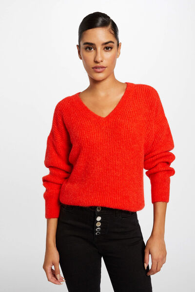 Pull manches longues à col en V orange femme