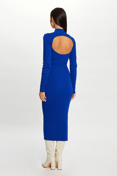 Robe pull longue ajustée dos ouvert bleu electrique femme