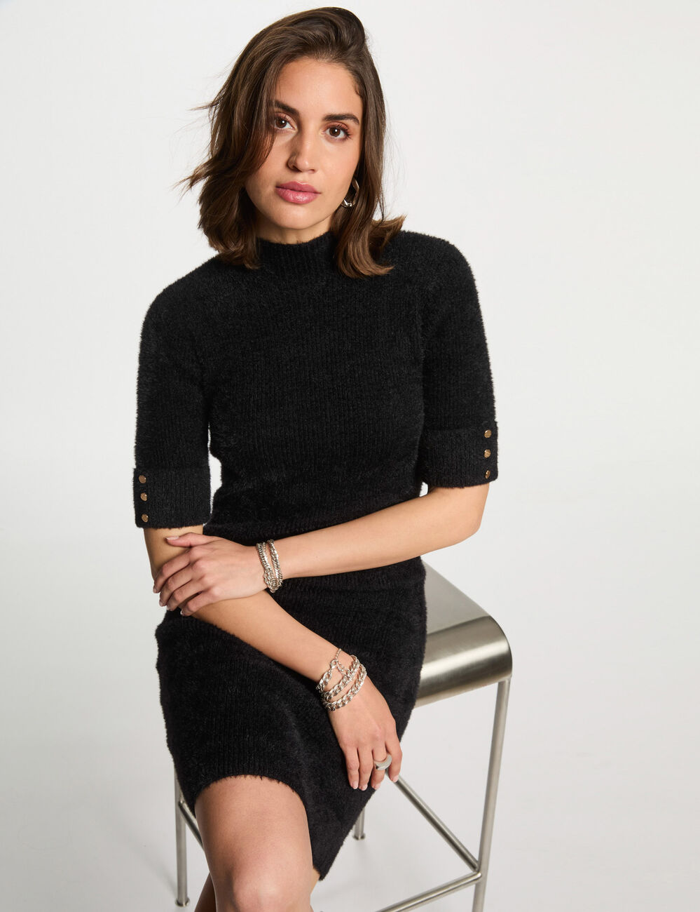 Robe pull ajustée manches courtes noir femme