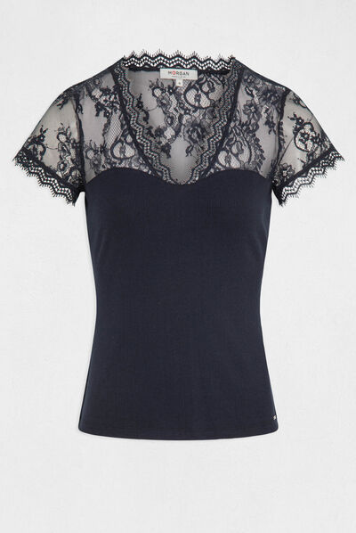 T-shirt manches courtes à dentelle marine femme