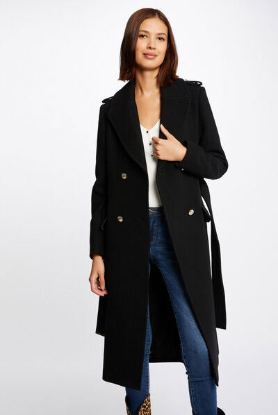 Manteau droit boutonné et ceinturé noir femme