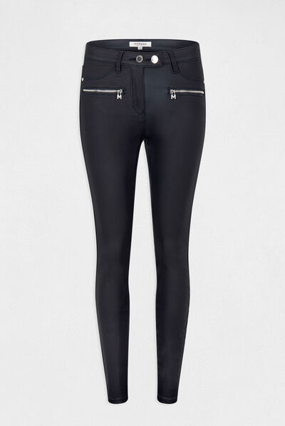 Pantalon skinny enduit détails zippés marine femme