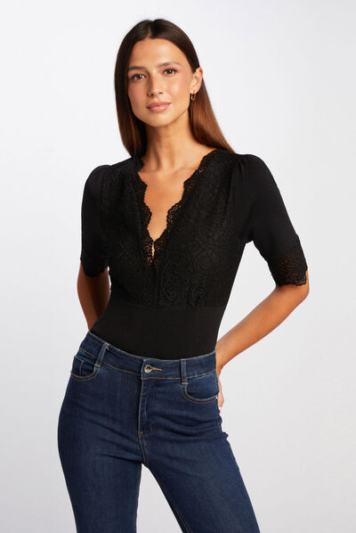 Pull manches courtes à dentelle noir femme