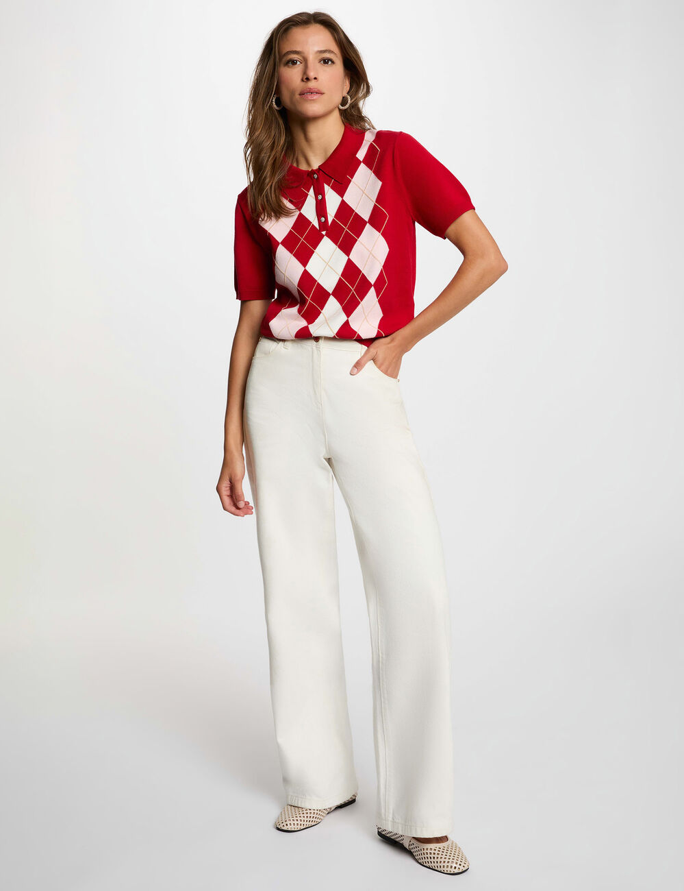 Pull col &agrave; revers rouge femme