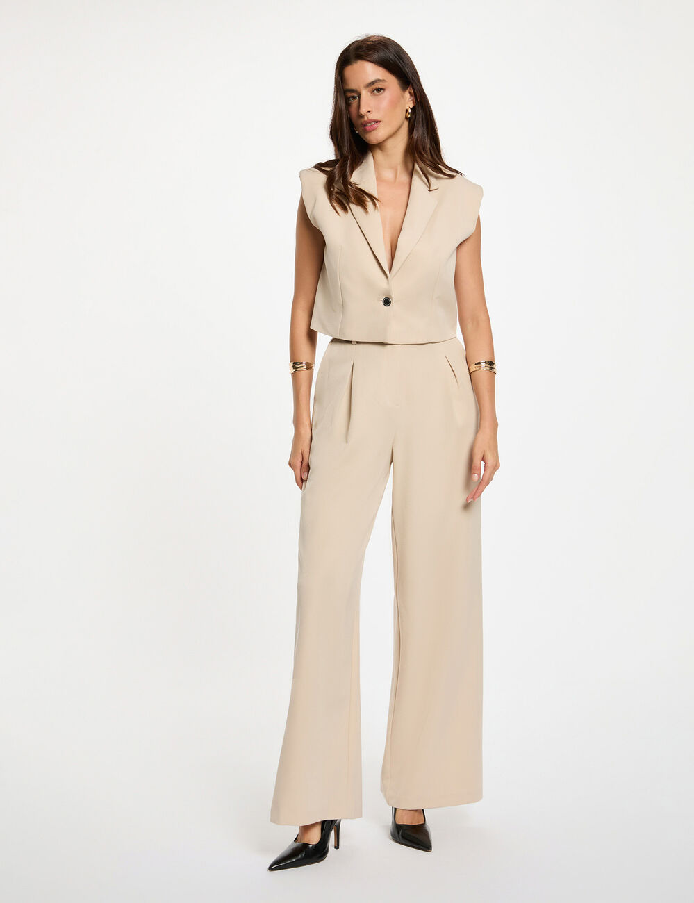 Pantalon large taille haute beige femme