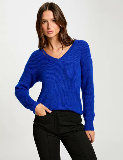 Pull col en V bleu electrique femme