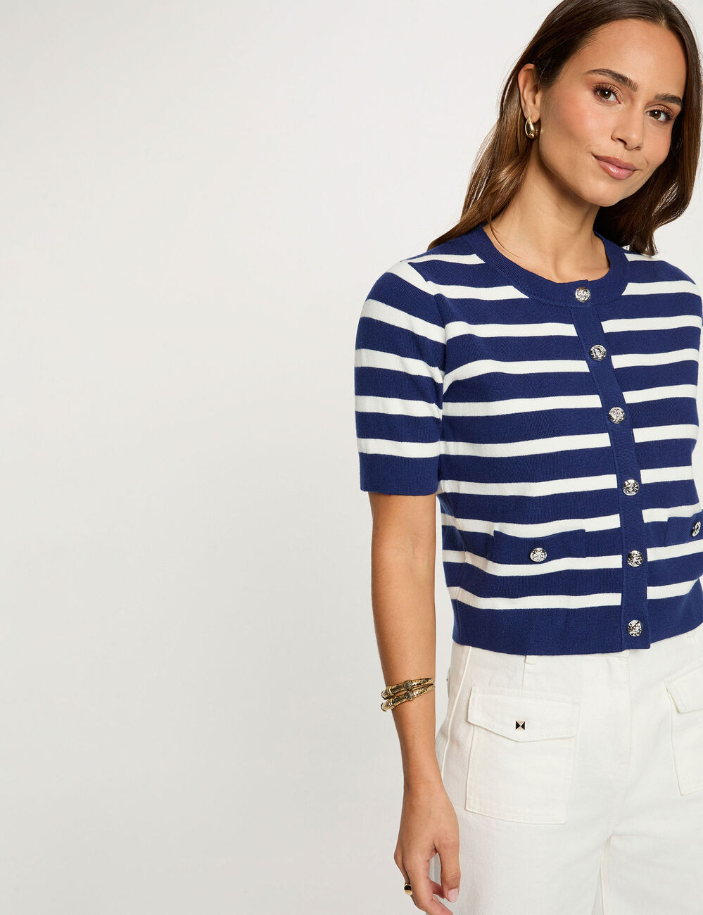 Gilet ray&eacute; manches courtes bleu marine femme