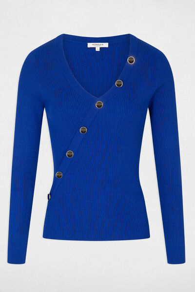 Pull manches longues avec boutons bleu electrique femme