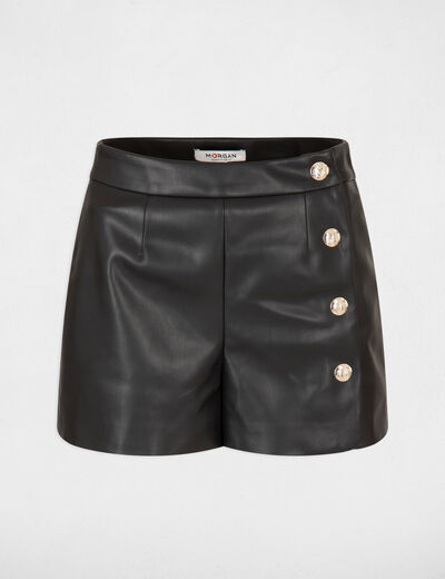 Short ample simili cuir avec boutons noir femme