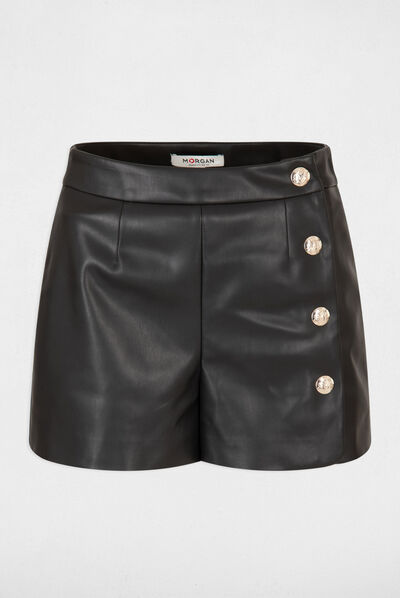 Short ample simili cuir avec boutons noir femme