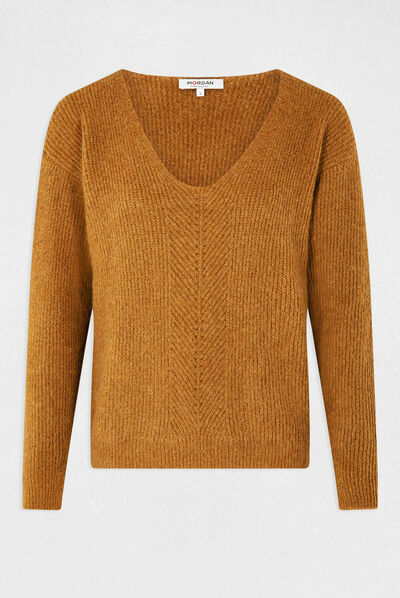 Pull manches longues avec col en V caramel femme