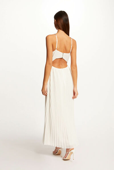 Robe longue évasée plissée à dos nu ecru femme