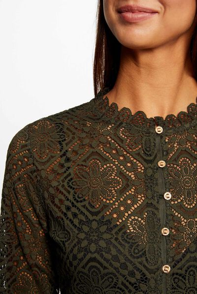 T-shirt manches longues en dentelle vert fonce femme