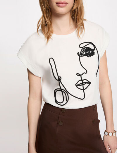 T-shirt broderie visage blanc femme