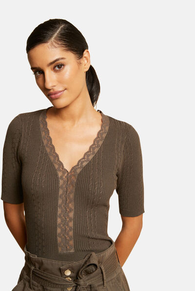 Pull manches courtes avec col en V vert kaki femme