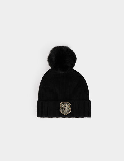 Bonnet &agrave; pompon noir femme