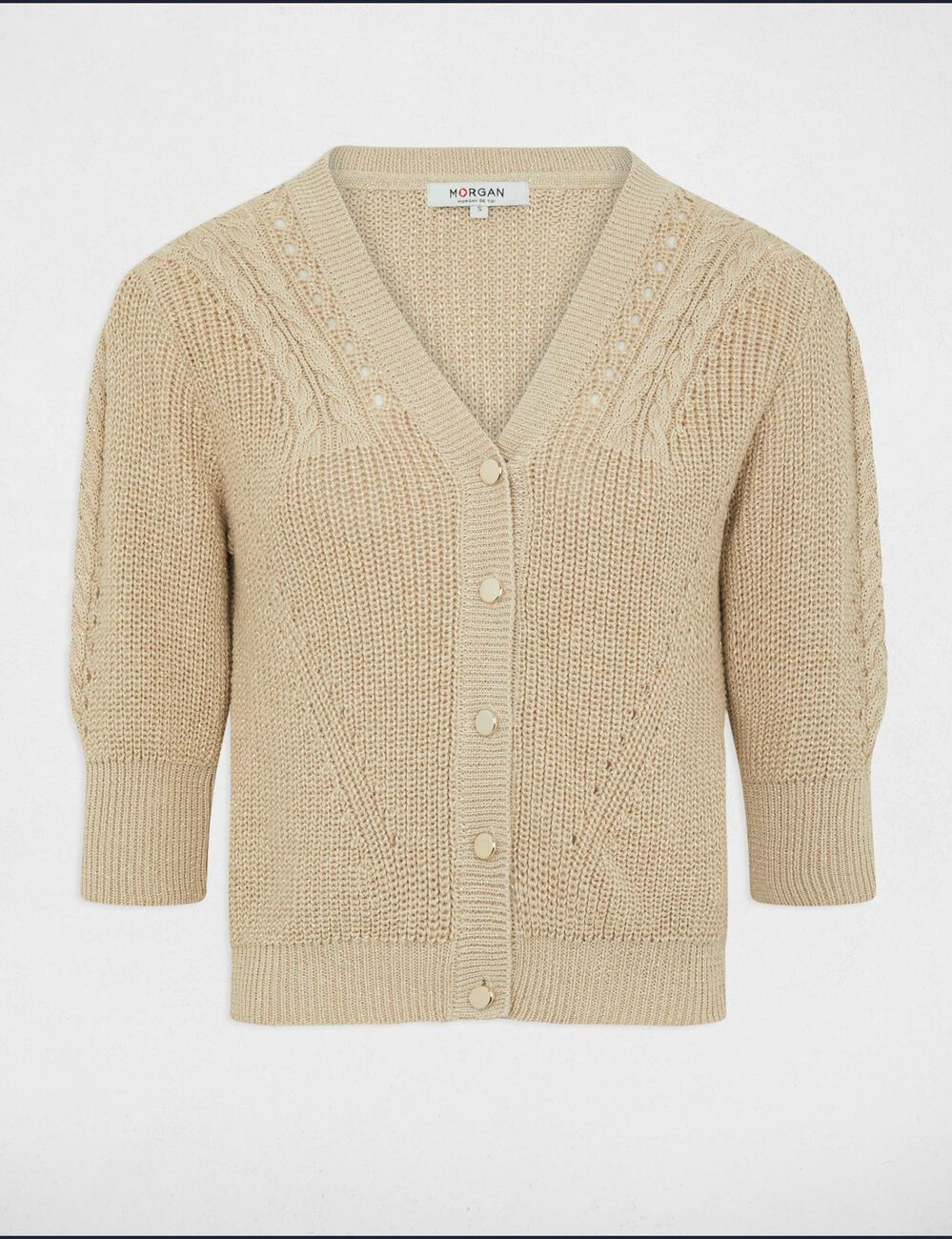 Gilet manches 3/4 avec détails torsades beige clair femme