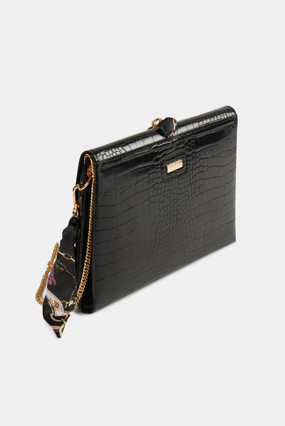 Sac pochette aspect croco avec foulard noir femme