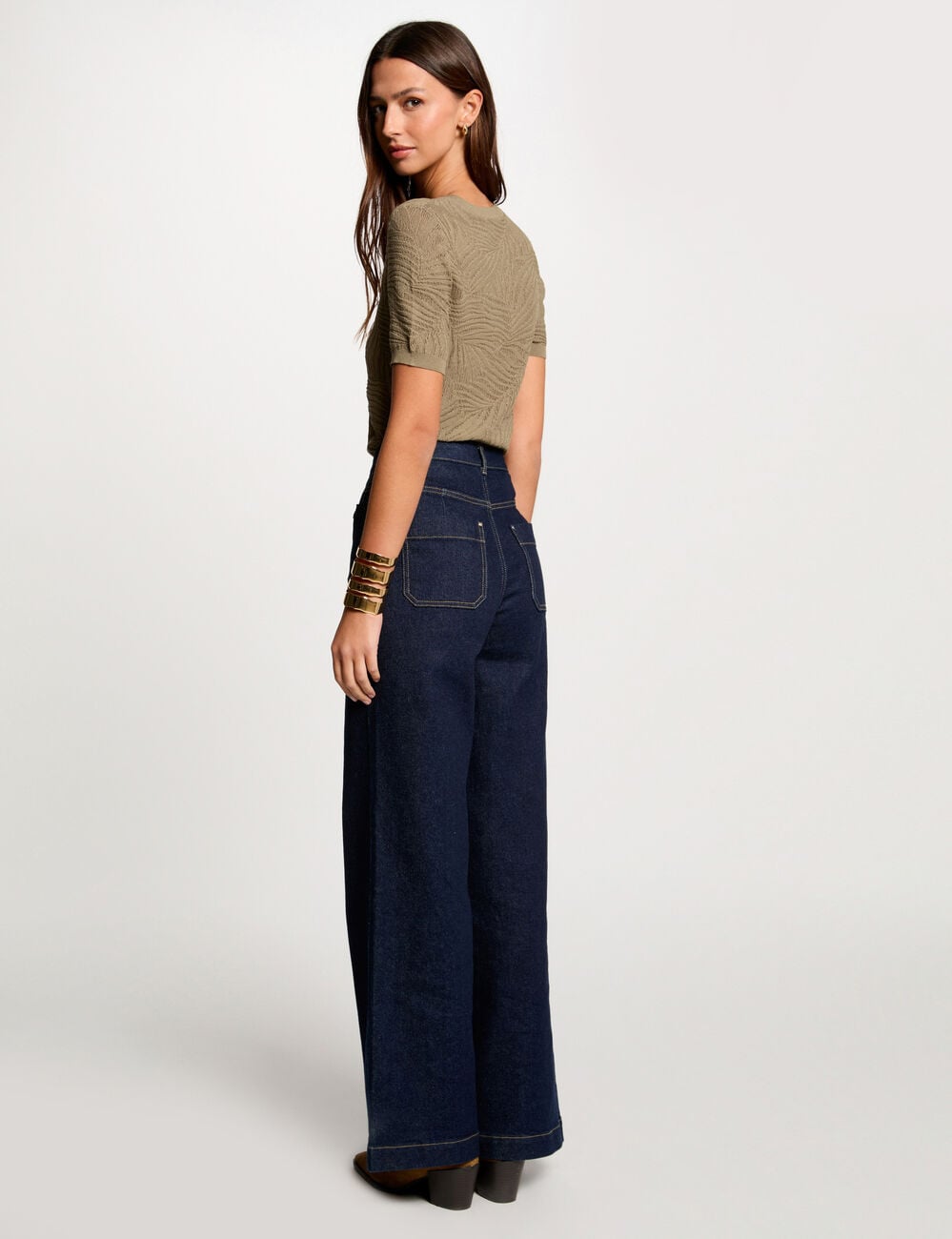Pull manches courtes ajour&eacute; vert kaki femme