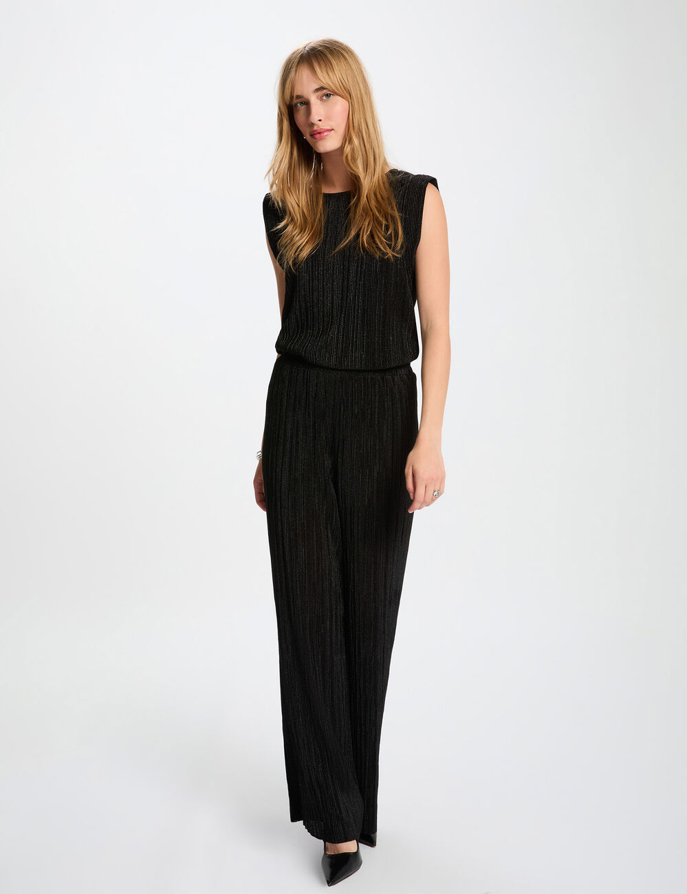 Pantalon large pliss&eacute; noir femme