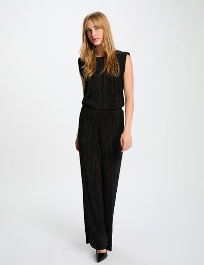 Pantalon large pliss&eacute; noir femme