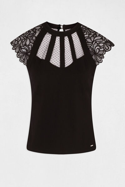T-shirt manches courtes à dentelle noir femme