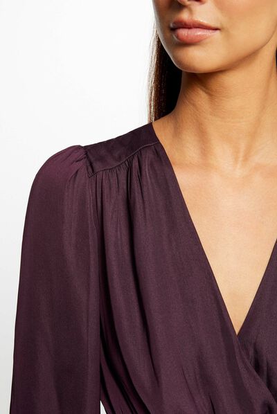 Robe midi portefeuille satin prune femme